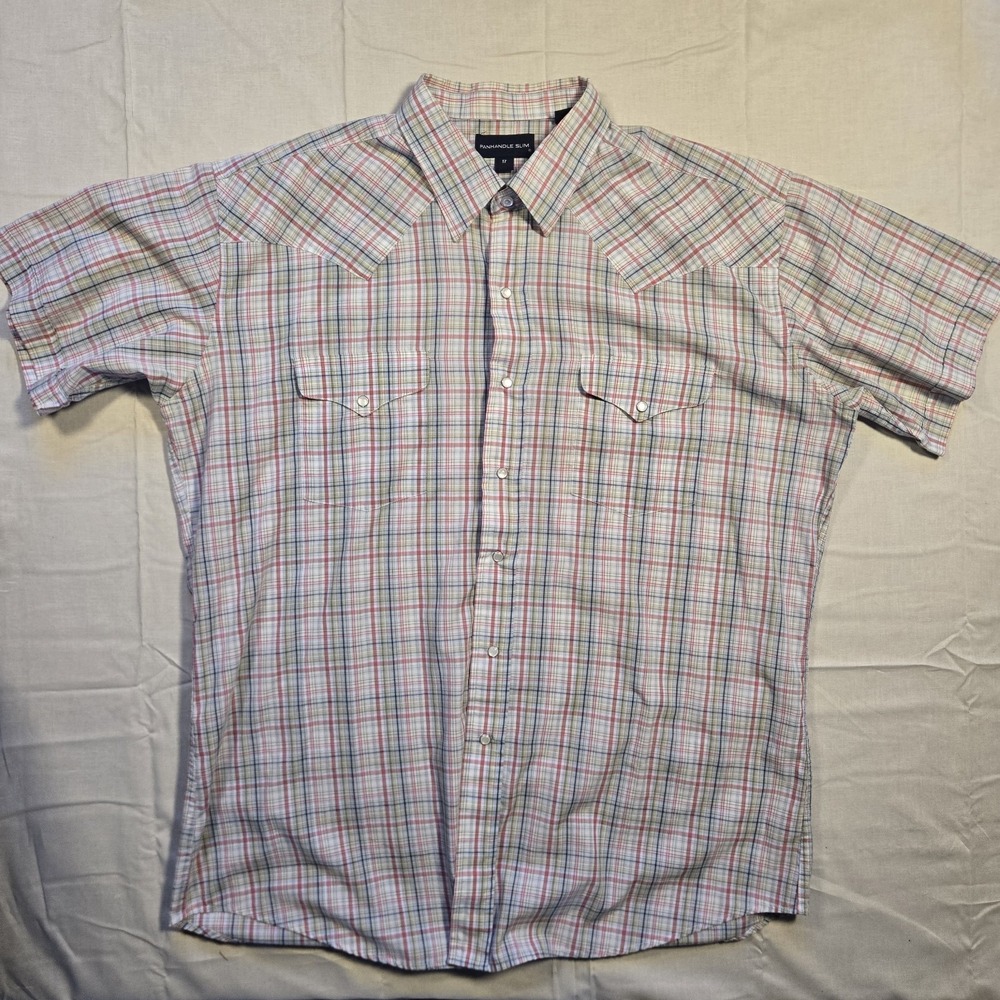 VTG Panhandle Slim Western Shirt Men 17 Plaid Short Sleeve Pearl Snap